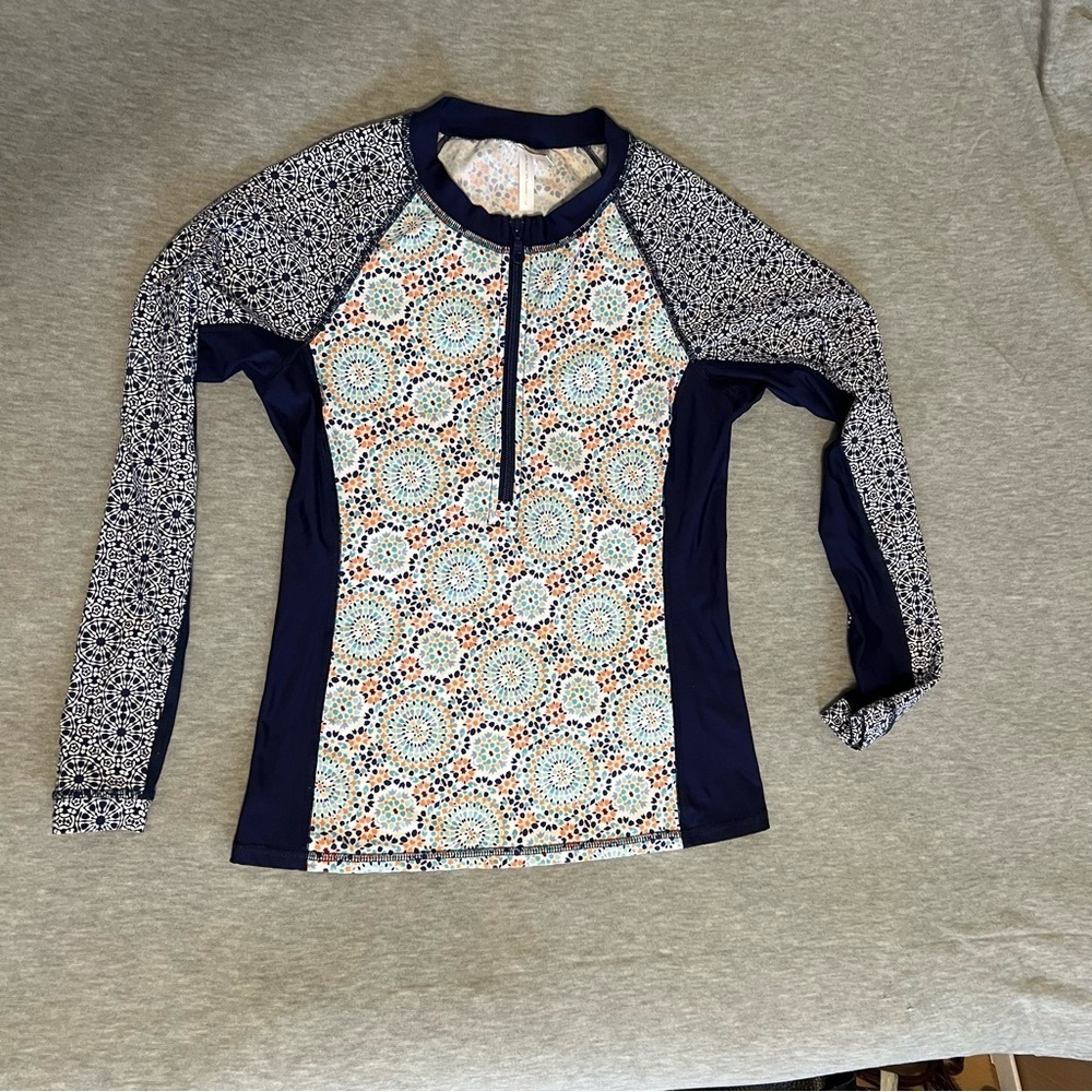 Helen Jon Navy Zip Front Long Sleeve Rash Guard Sun Protection L